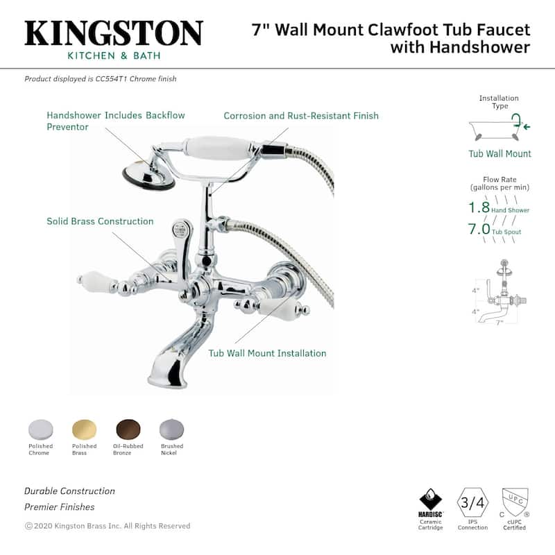 Kingston Brass Vintage Wall Mounted Clawfoot Tub Filler with Personal - Polished Chrome
