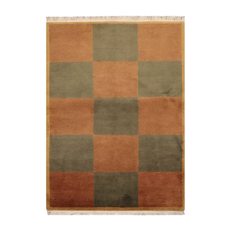 Hand Knotted Tibetan Brown Geometric Wool Modern Oriental Area Rug - 4' 1'' x 6'