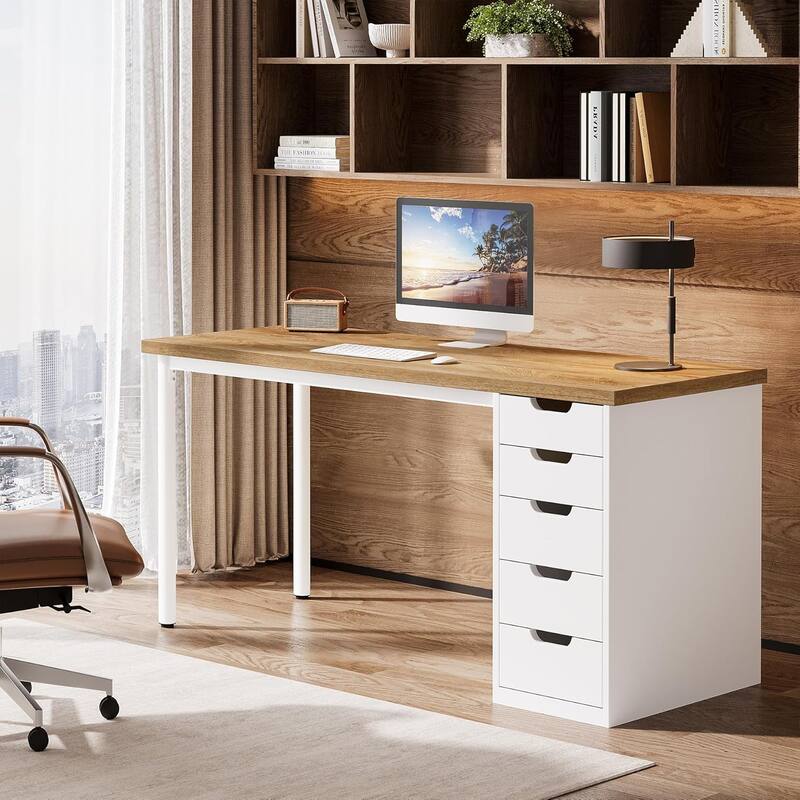 PC/Computer Desk with 5 Reversible Drawers, Home Office Desk with Storage, Laptop Desk Study Writing Table Workstation