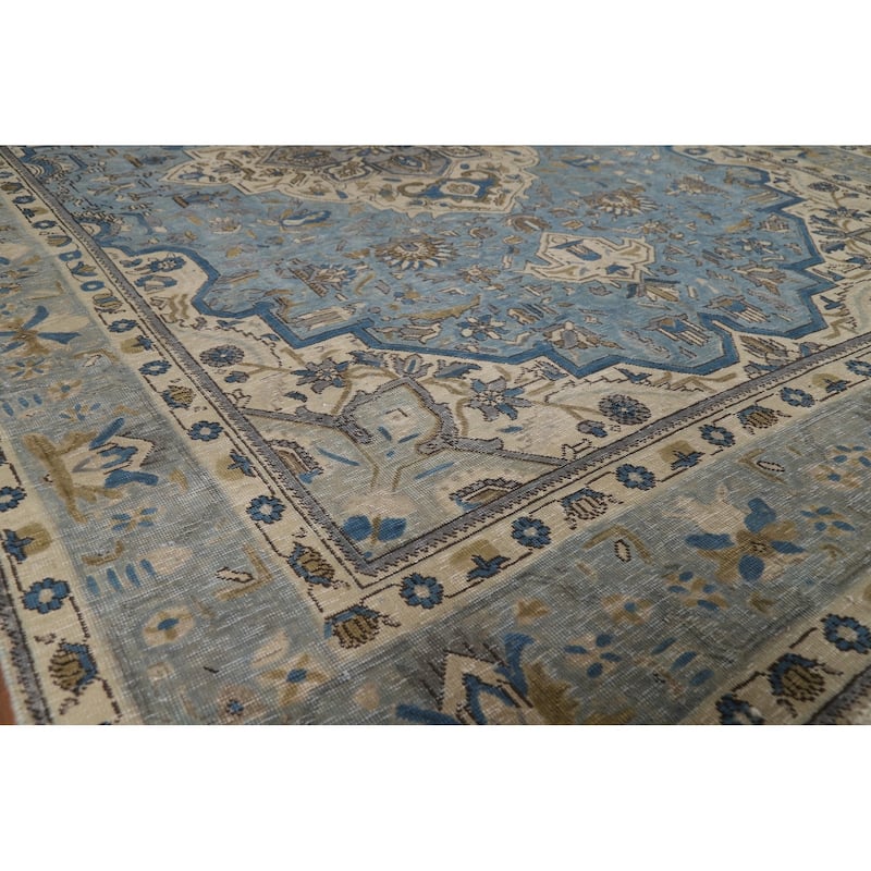 Geometric Blue Tabriz Persian Area Rug Floral Handmade Wool Carpet - 6'7"x 9'6"