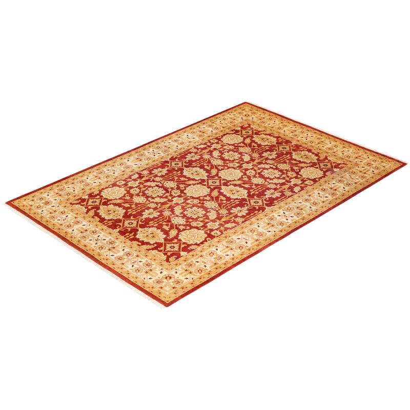 Overton Handknotted Wool Contemporary Floral Orange Area Rug - 6' x 9'