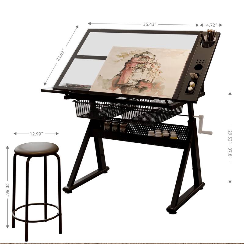 Hand Crank Adjustable Tempered Glass Drafting Drawing and Printing Table with Chair and Storage Space