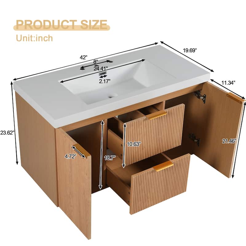 42"Single Sink Bathroom Vanity with SMC Top,MDF Cabinet,Soft Close Doors,U-shaped Drawers,Wall-Mounted Modern Storage Vanity