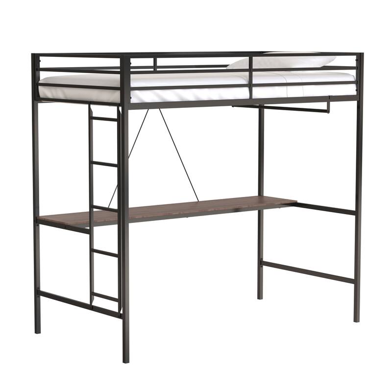 CUSchoice Twin Loft Bunk Black with Cinnamon Wood Desk and Closet Rod