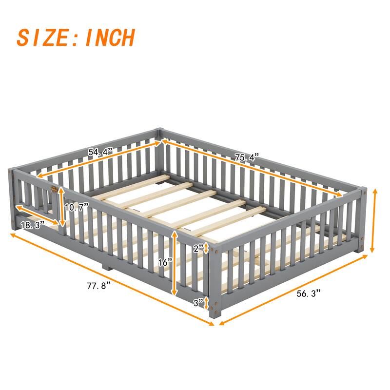 Gray Full Size Pine Wood Floor Bed with Safety Guardrails and Door for Kids, Boys, Girls, Bedroom