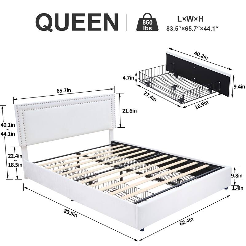 VECELO Upholstered Storage Bed Frames with 4 Storage Drawers, Platform Bed Frame with Adjustable Velvet Rivets Headboard