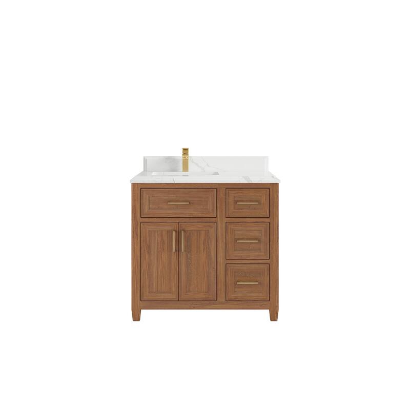Willow Collections 36 in. W x 22 in. D Santa Monica Teak Left Offset Sink Bathroom Vanity with Countertop - 1.5”Calacatta Laza - Dark Natural Teak