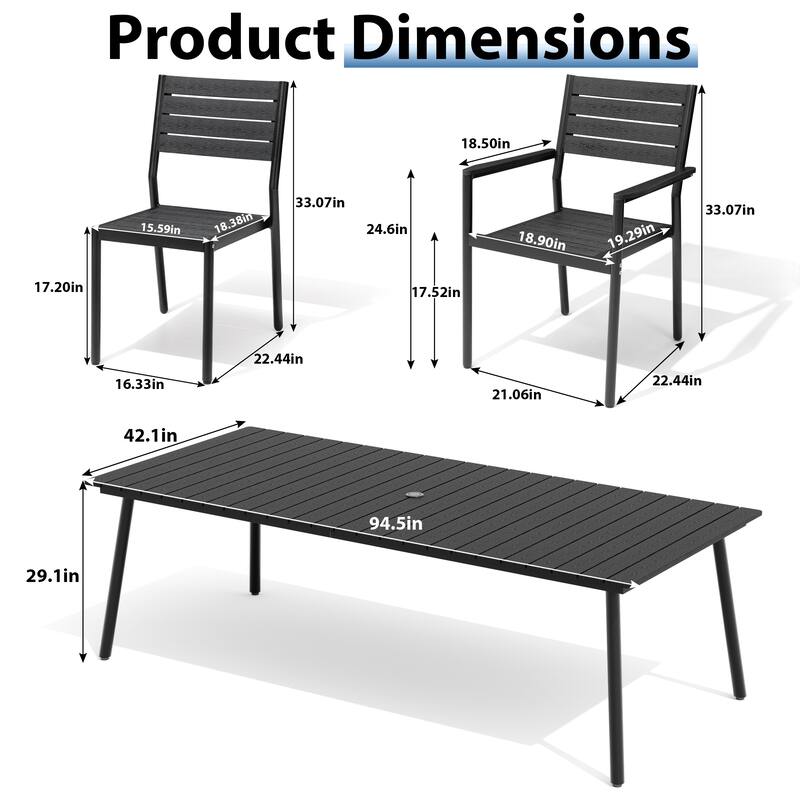 11-Piece Outdoor Patio Dining Set Wood-Like Table Top Alumium Umbrella Hole Table with Stackable Chairs