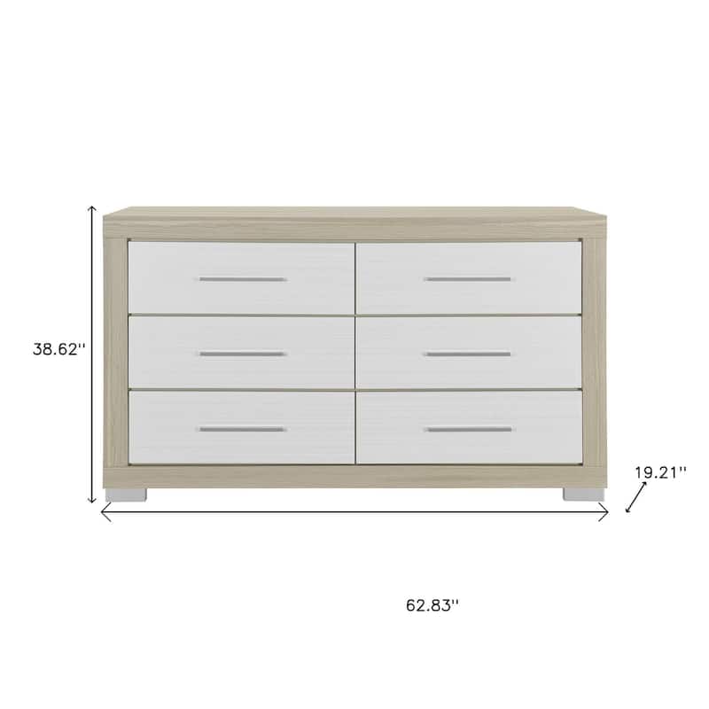 HomeRoots 63" Natural And White Wood Six Drawer Double Dresser