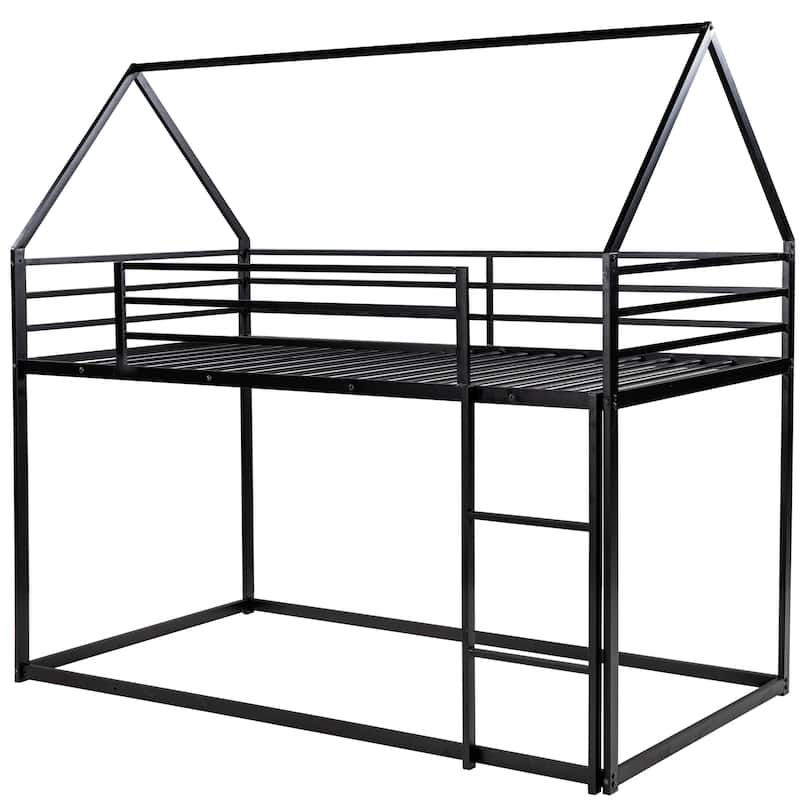 Twin Size Floor Bunk Bed Frame, Heavy Duty Metal House Bunk Bed, Twin over Twin House Shaped Bed Frame with Convertible Ladder