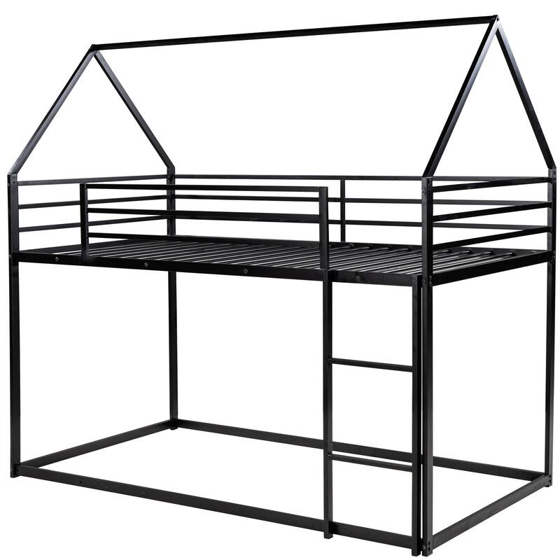 Twin Size Metal House Bunk Bed with Built-in Ladder, Black - Space-Saving Kids Bedroom Furniture