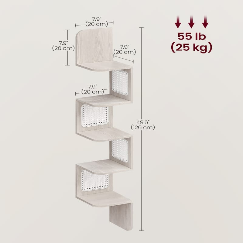 5-Tier Space-Saving Modern Zigzag Corner Shelf Wall-Mounted Display for Bedroom or Living Room - 7.9"D x 7.9"W x 49.6"H