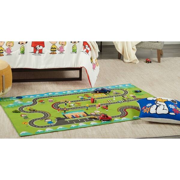 slide 2 of 8, Snoopy Peanuts Race Track Cars Machine Washable Kids Area Rug - 3'3" x 5'3" 3'3" x 5'3" - Multicolor