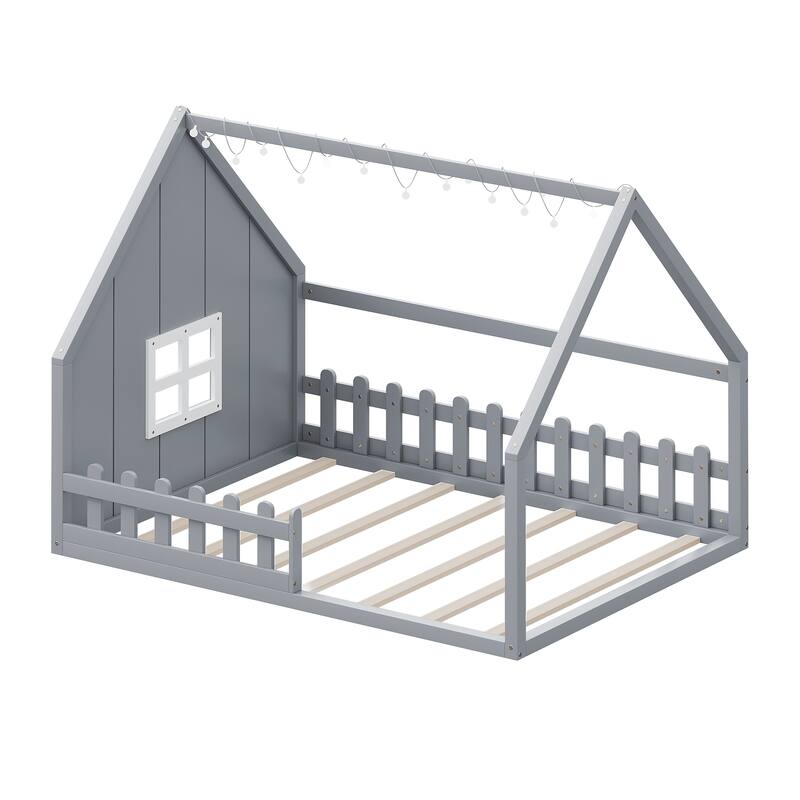 Full Size Wood House Bed With Window And Fence