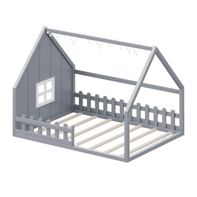 Full Size Wood House Bed with Window and Fence, Gray