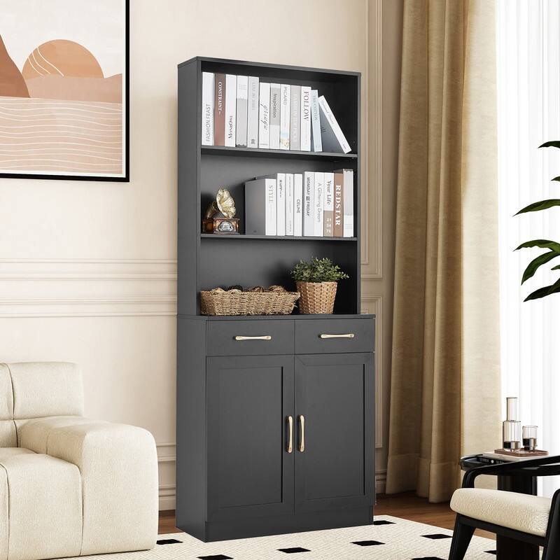 Bookshelf with Two Doors and Drawers, Adjustable Shelf, Three-layer Open Shelf - Black
