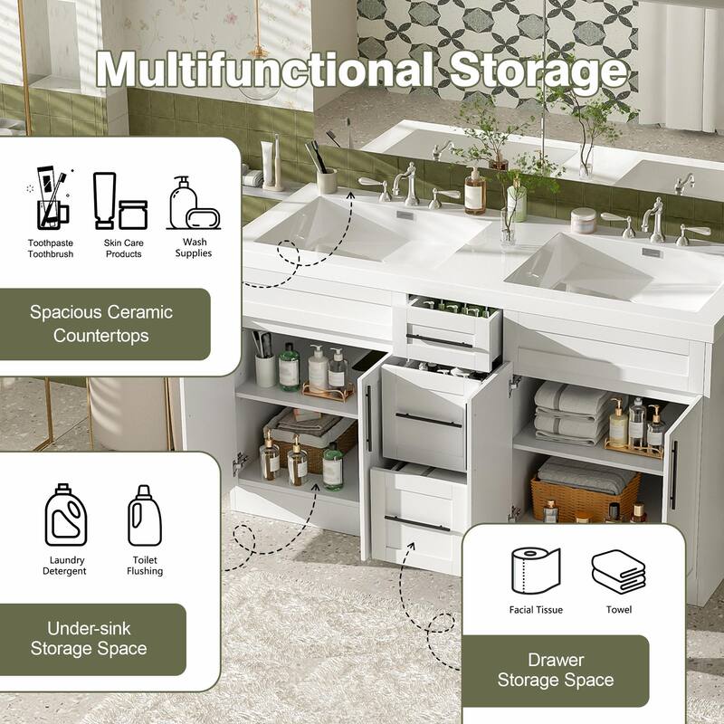 59.3" Double Sink Bathroom Vanity with SMC Top, MDF Cabinet with Solid Wood Frame & Soft-Close Doors