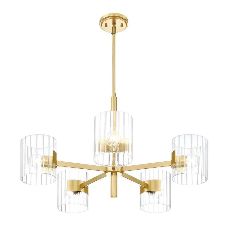 Aries 28 in. 5-Light Brushed Gold Transitional Chandelier with Ribbed Glass Shades