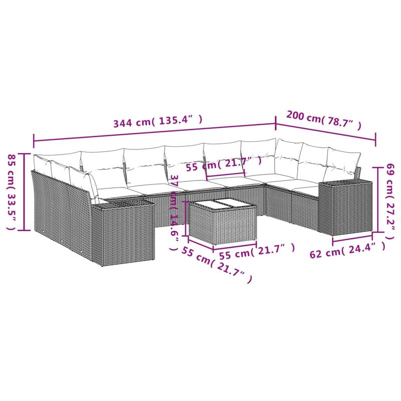 vidaXL 10/11 Piece Patio Sofa Set with Cushions Black/Brown/Gray Poly Rattan - 24.4 x 24.4 x 27.2