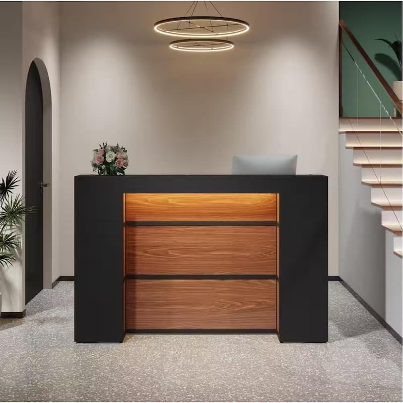Modern 63" Reception Desk with LED Lights Black & Rustic Brown Finish