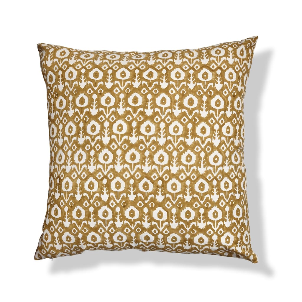 22"x22" Ikat Flower Block Print Ochre Cotton Accent Decorative Throw Pillow Poly Filled Removable Insert Square Brown - 22 x 22