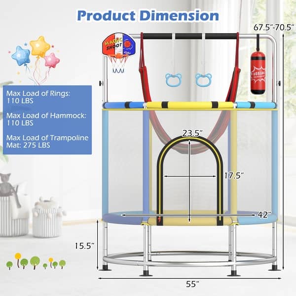 dimension image slide 2 of 3, Gymax 6-in-1 Kids Trampoline Combo 55'' Toddler Play Activity Center