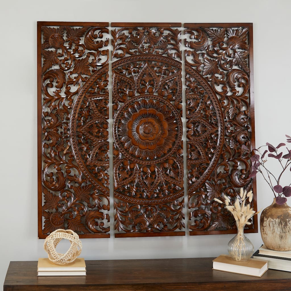 Wooden Handmade Intricately Carved Floral Wall Decor with Mandala Design (Set of 3) - Brown or White