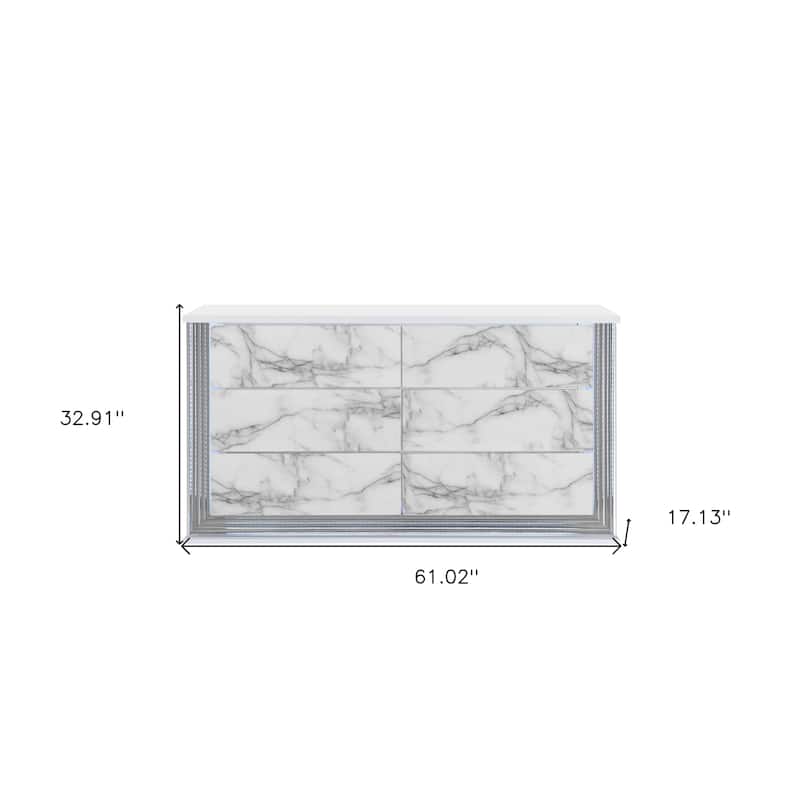 HomeRoots 61" White Faux Marble And Wood Lighted Six Drawer Double Dresser