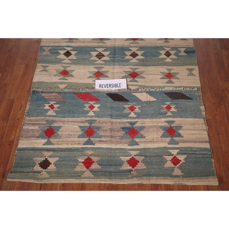 Striped Geometric Kilim Persian Area Rug Hand-Woven Wool Carpet - 4'6"x 9'2"