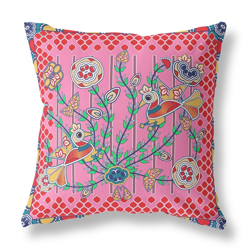 HomeRoots 20" x 20" Pink Peacock Blown Seam Floral Indoor Outdoor Throw Pillow - 20.00' X '5.00' X '20.00