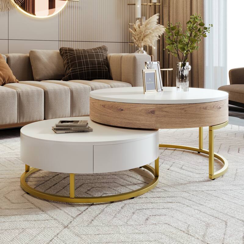 Modern Round Lift-top Nesting Coffee Tables with 2 Drawers - Oak Natural Wood;Antique White