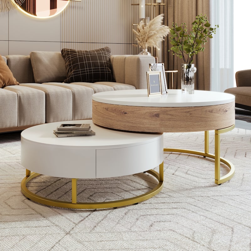 Modern Round Lift top Nesting Coffee Tables - Oak Natural Wood + Antique White