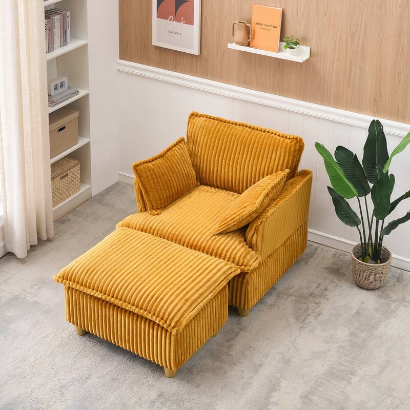Single Sofa with Ottoman, Comfy Corduroy Upholstered Armchair, Lounge Chair with Throw Pillows for Living Room, Balcony