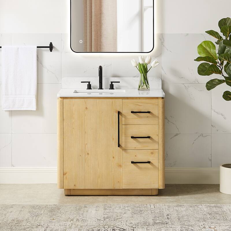 Serene Bathroom Vanity in Nature Brown with Grain White Engineered Stone Countertop without Mirror