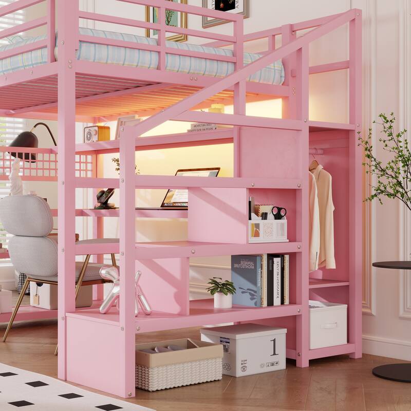 Full Size Metal Loft Bed with Staircase and Wardrobe, Loft Bed Frame with Desk, Storage Shelves, LED Lights and Charge Station