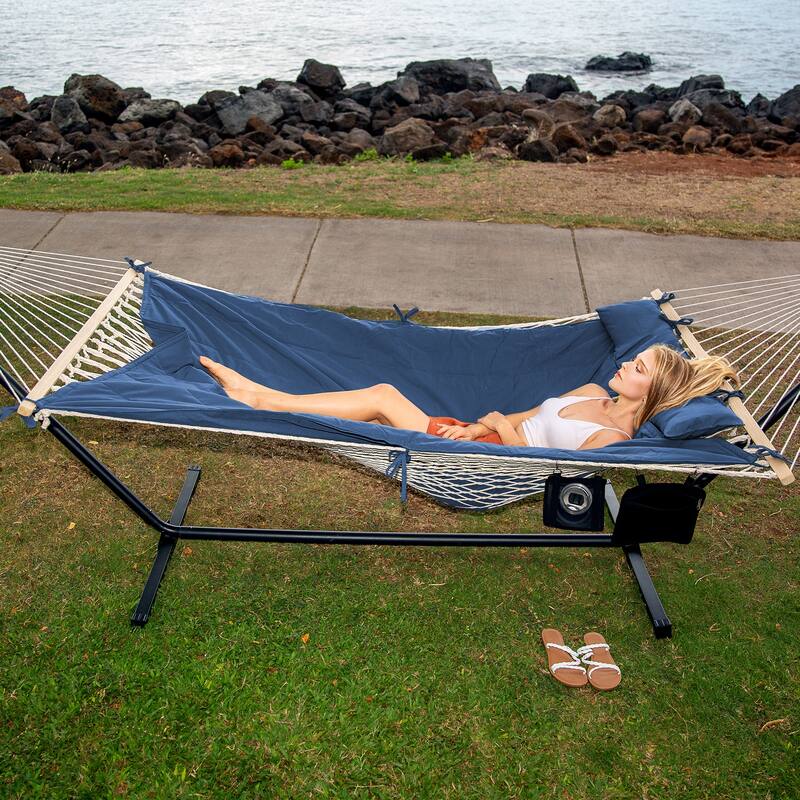Double Hammock with Stand, Two Person Cotton Rope Hammock