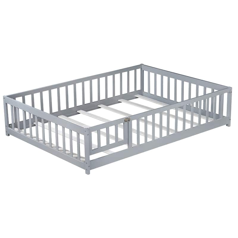 Full Size Floor Bed with Fence and Door,Rubber Wood Floor Bed with Safety Guardrails