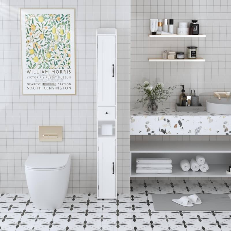 67.51" Tall Slim Storage Cabinet – 2 Doors, Adjustable Shelves, Anti-Tip, White (For Bathroom/Kitchen/Small Spaces)‌