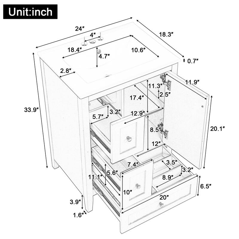 24-Inch Bathroom Vanity with Storage, Adjustable Shelf