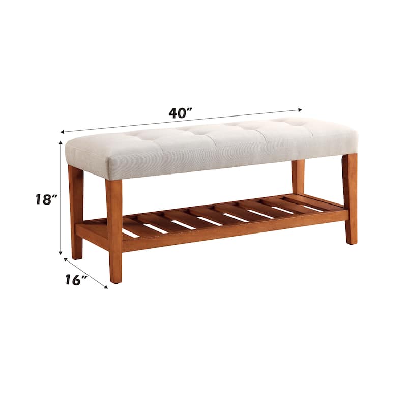 Fabric Upholstered Storage Bench with Slatted Shelf and Tapered Legs