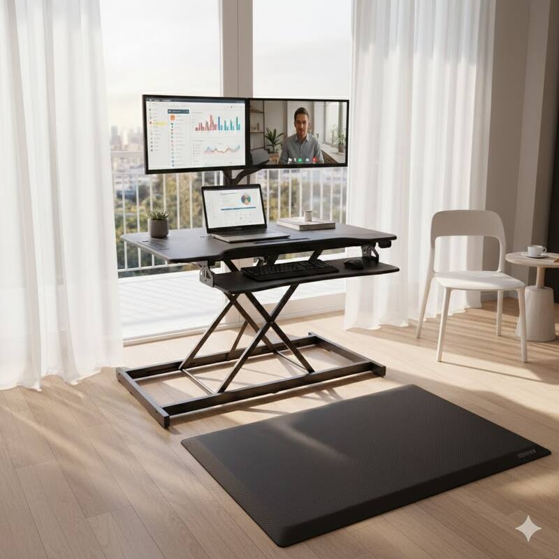 Rocelco 46 in. W Black Electric Standing Desk Converter with AC Outlet, USB Charger and Anti Fatigue Floor Mat Platform