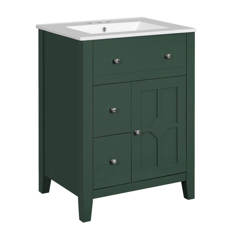 24" Bathroom Vanity with Ceramic Basin, Restroom Basin Cabinet with 2 Drawers, Small Bathroom Cabinet with Soft-Closing Door