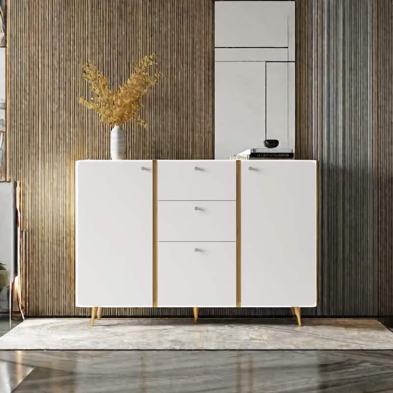 47 Inch 2-Door Accent Cabinet with 3 Drawers Fluted Sideboard Buffet Storage for Living Room Dining Room Bedroom