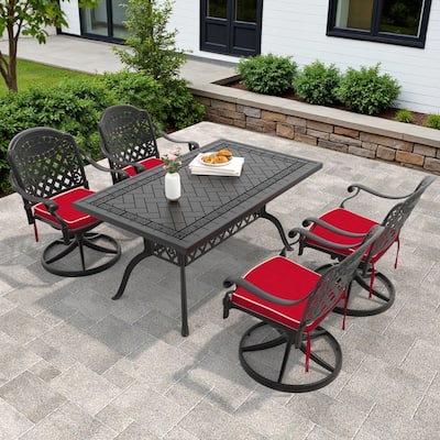 5-Piece Aluminum Rectangular Outdoor Patio Dining Set, 4 Cushioned Swivel Chairs, Table, All-Weather Frames