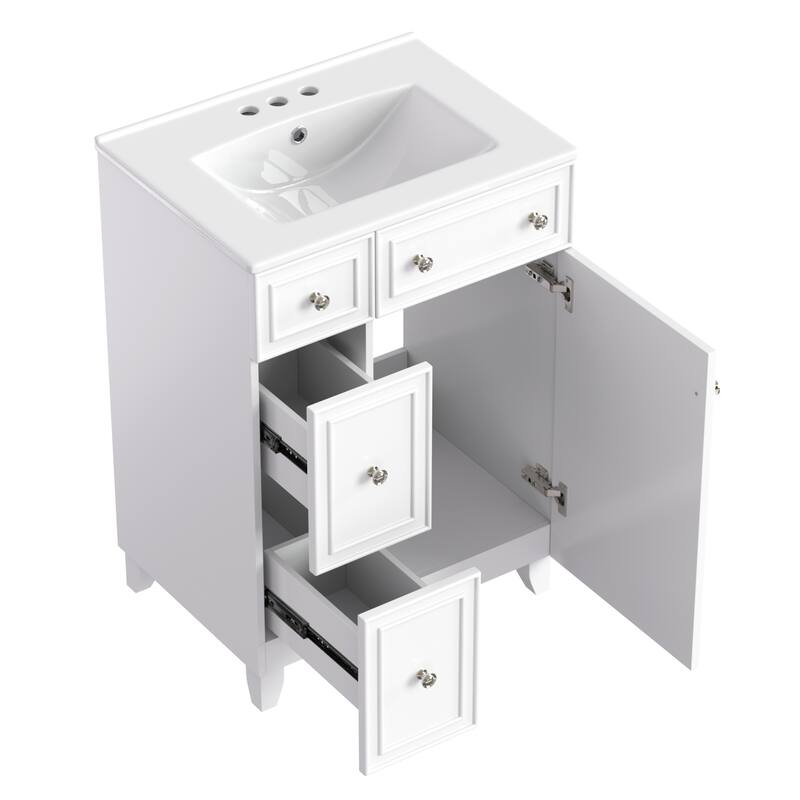 24" Bathroom Vanity Cabinet with Ceramic Sink, 2 Drawers & Door, White