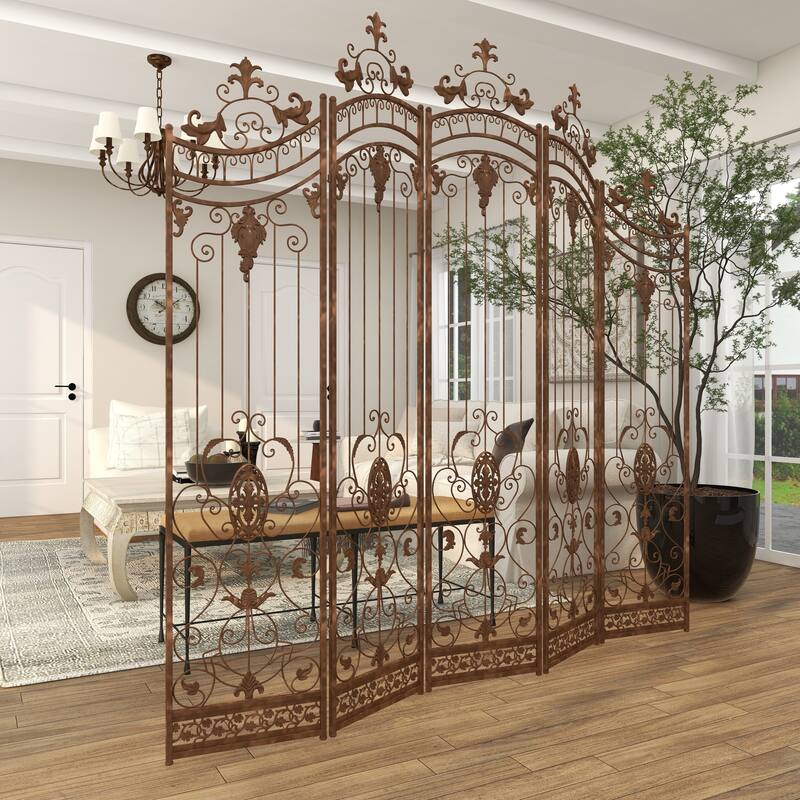Bronze Metal Hinged Foldable Arched Partition 5 Panel Partition Room Divider Screen with Relief Acanthus Design