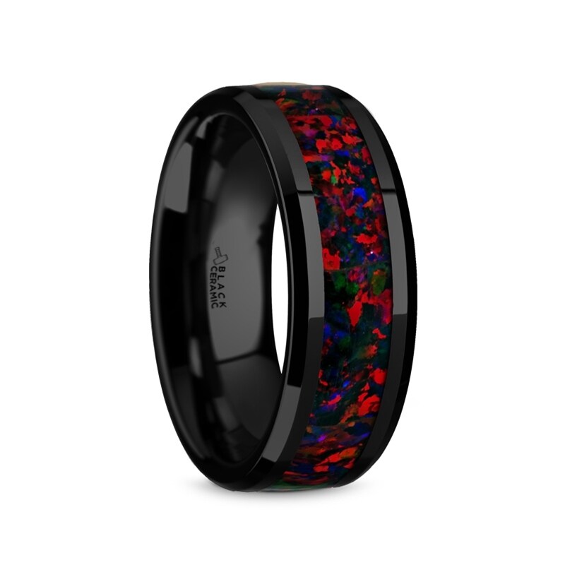 Thorsten Matrix Tungsten Rings For Men Lifetime Guarantee Wedding Band Black Opal Inlay And Polished Beveled Edges 8mm On Sale Overstock 16985766