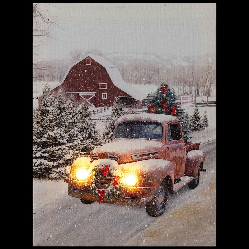 LED Fiber Optic Truck Tree Christmas Canvas Wall Art 15.75"x11.75"