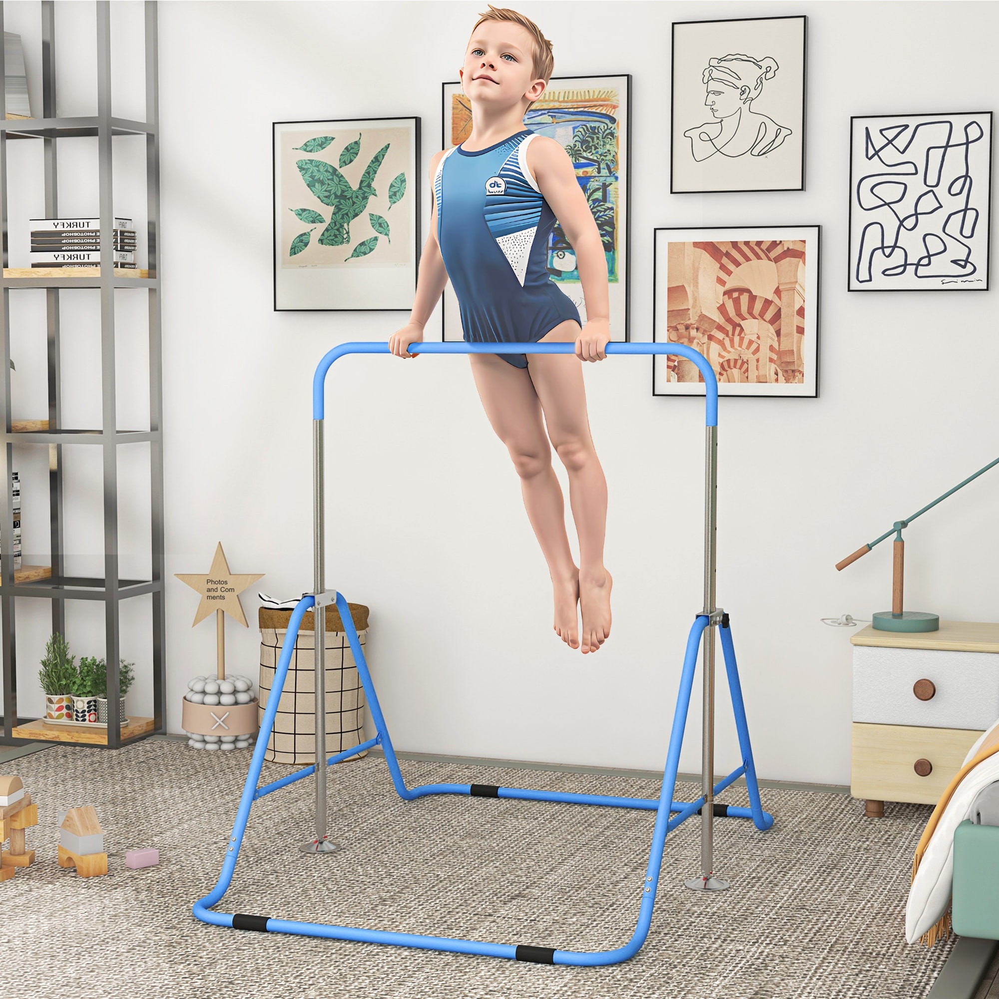 Qaba Folding Gymnastics Bar for Kids, Adjustable Kip Bar with Shock Absorption, Horizontal Training Bar, Blue