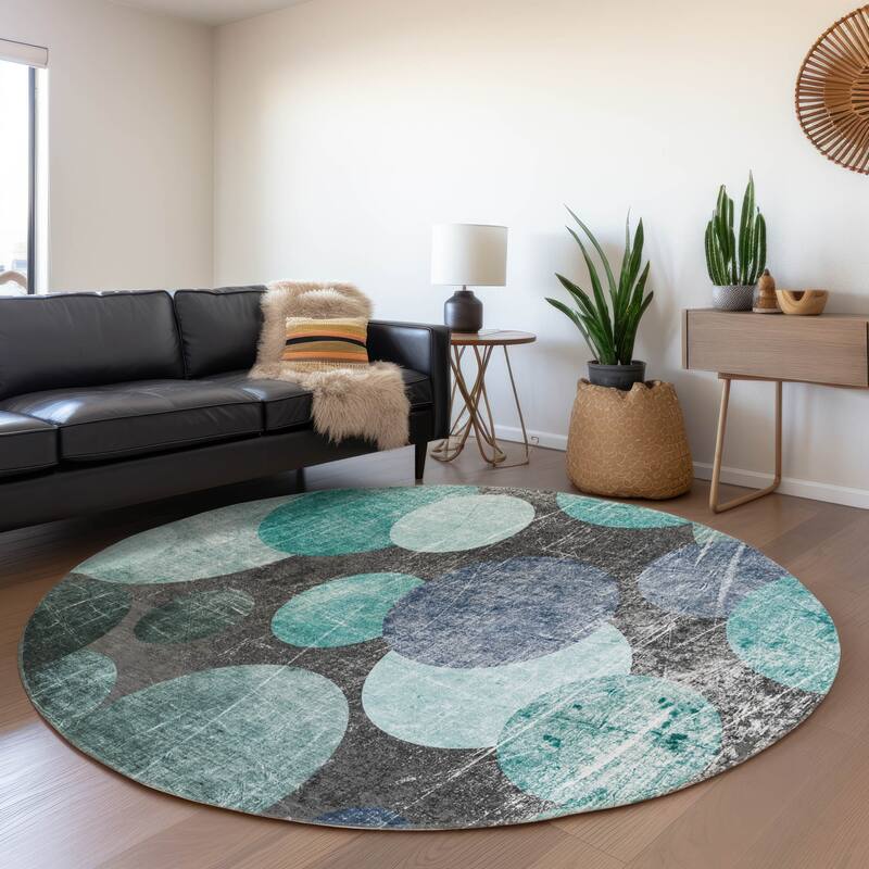 Machine Washable Indoor/ Outdoor Bubbles Chantille Rug - Teal - 8' x 8'